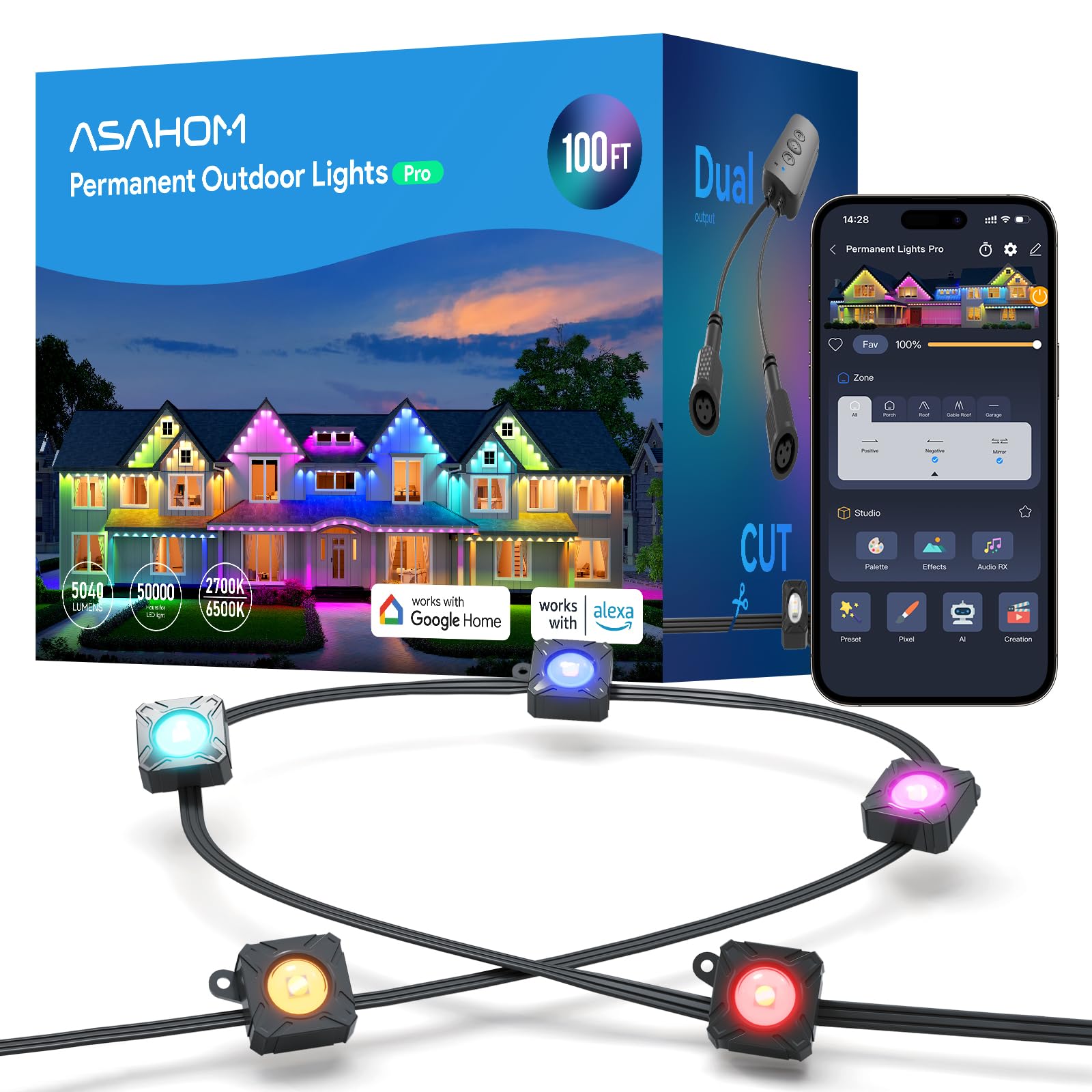 ASAHOM Permanent Outdoor Lights Pro S108B, 100FT with 72 RGBCW LED